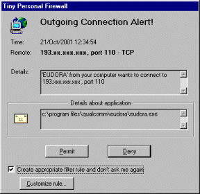 Le logiciel Tiny personal firewall affiche une alerte à chaque tentative de connexion d\'une application