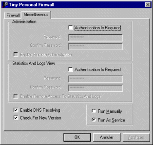 Tiny personal firewall offre la possibilité de protéger l\'accès à la configuration par un mot de passe